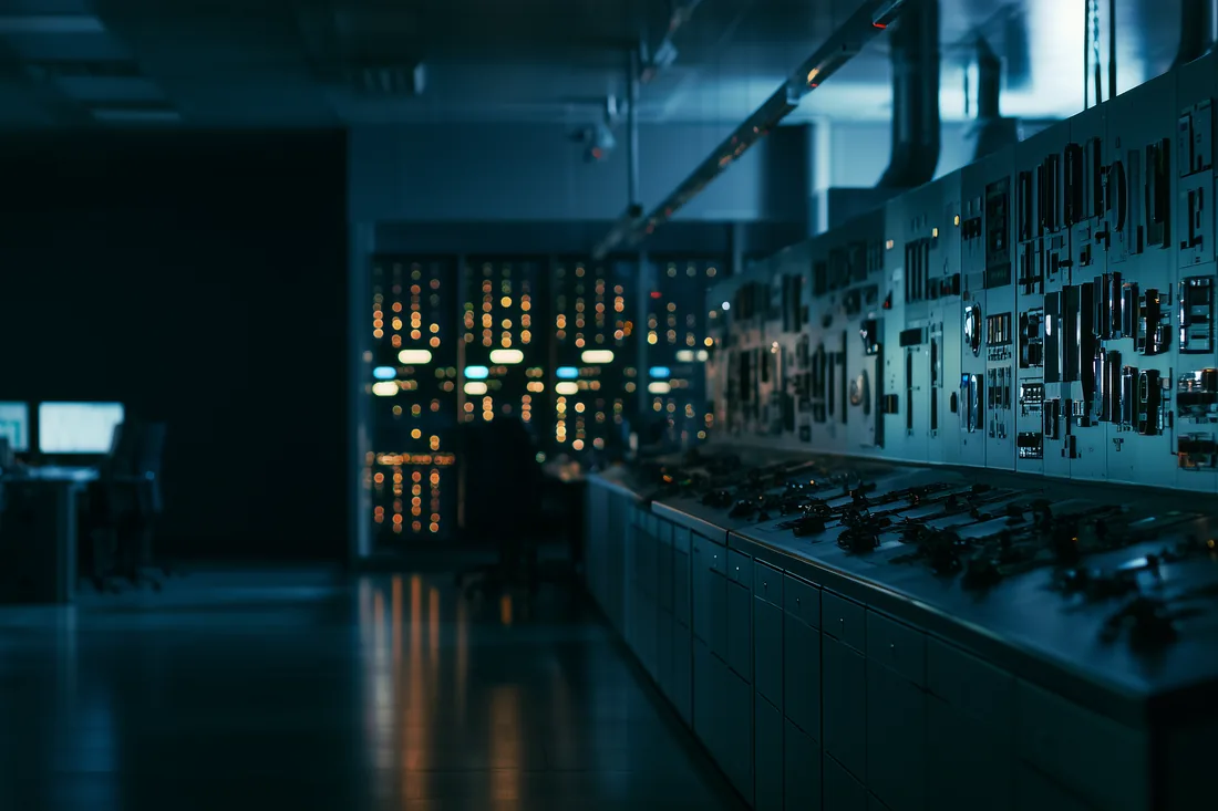 Industrial control room with live SCADA panels