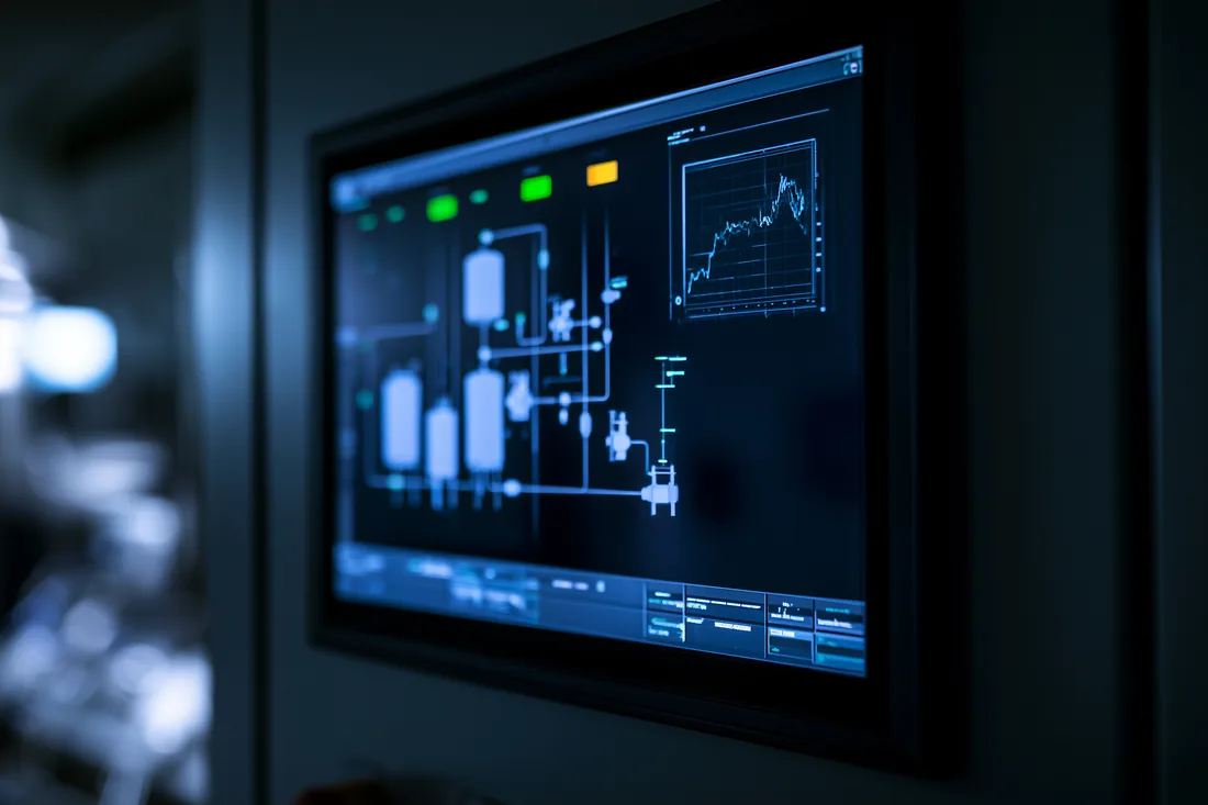 HMI SCADA screen showing a live process diagram and trend