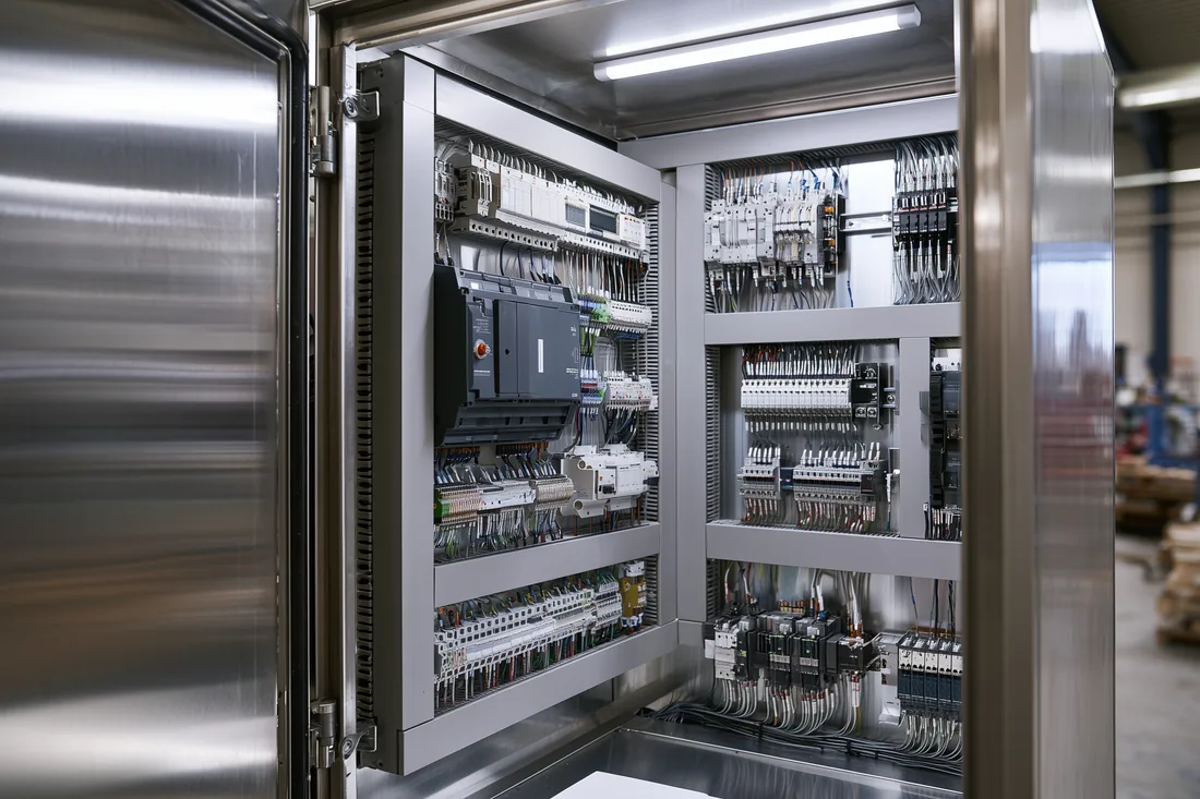 Interior of a professionally built industrial control panel with PLC and wiring